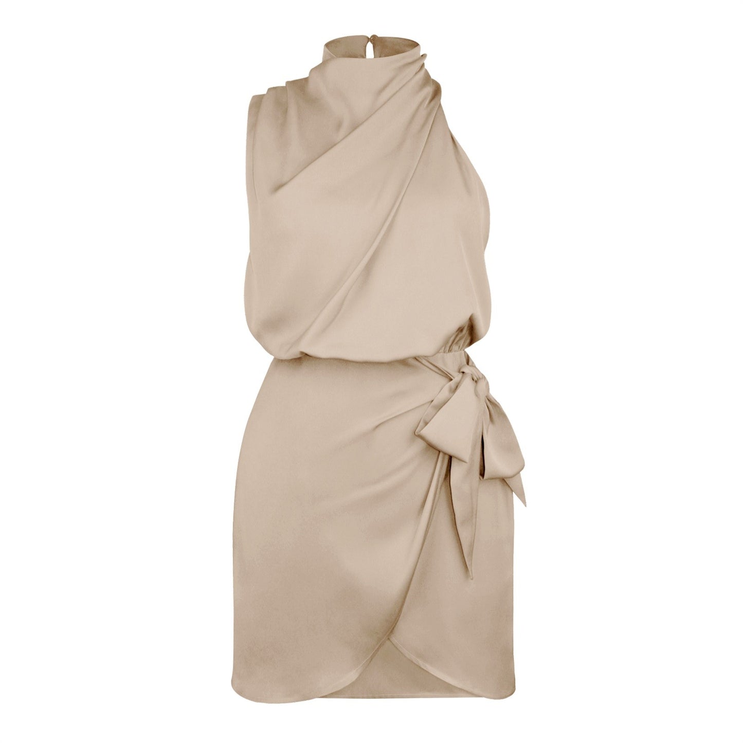 Vestido de fiesta de seda satinada negra para mujer, de verano, sin mangas, espalda descubierta, cuello alto, cintura anudada, ajustado, fruncido, para noche.