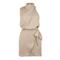 Vestido de fiesta de seda satinada negra para mujer, de verano, sin mangas, espalda descubierta, cuello alto, cintura anudada, ajustado, fruncido, para noche.