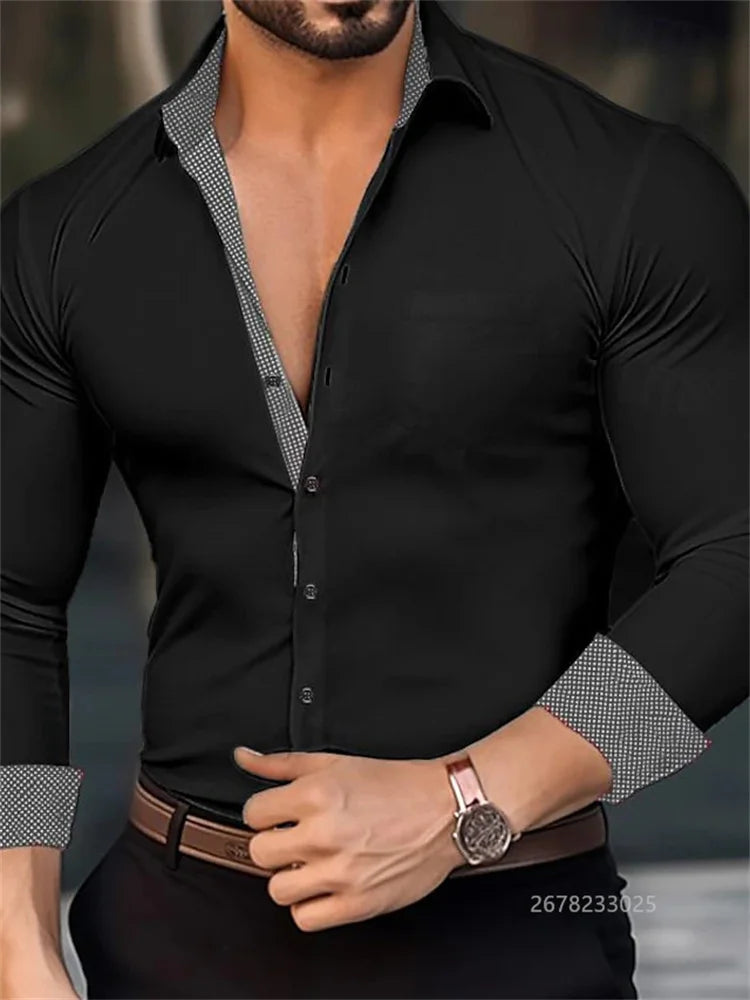 Camisa de negocios para hombre, con solapa, color negro, blanco y gris, manga larga con botones para exteriores, tela suave de alta calidad, tallas XS-6XL