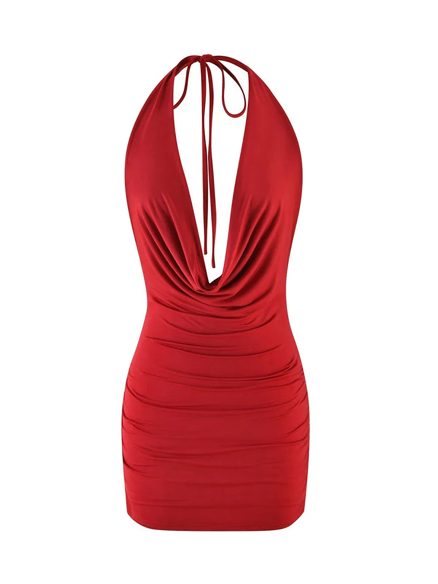 Vestido mini sexy sin mangas con cuello halter para mujer, espalda abierta y detalles fruncidos - Vestido de verano de color liso