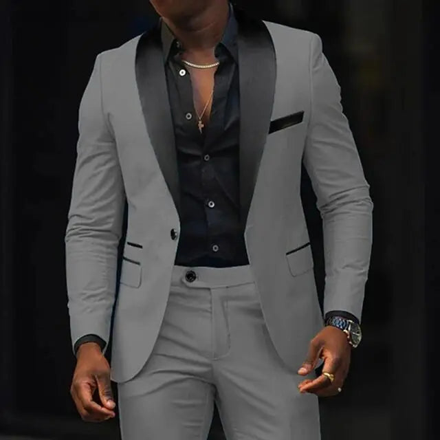 Casual 2 Piece Men Wedding Suits Solid Slim Fit Shawl Lapel Blazer Pant Designs Party Prom Suits Best Man Business Wear Suit
