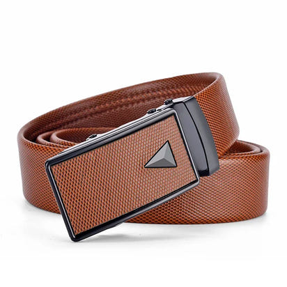 Men's Auto Buckle Business Belt - Textured PU Leather Strap, Metal Clasp Dress Belt Black (High Quality)