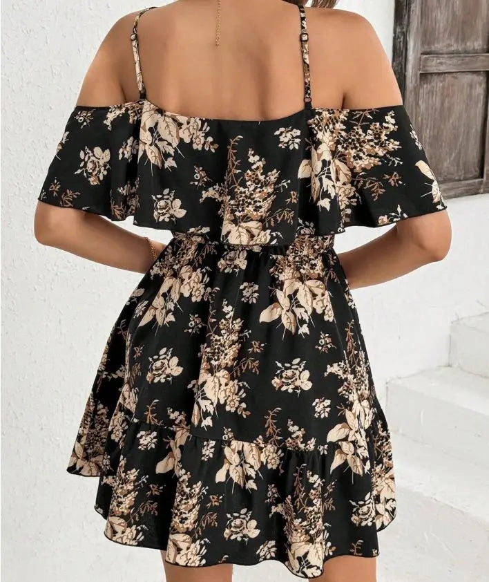 Elegante minivestido estampado con cuello halter para mujer, falda plisada con cintura lazada y manga corta con cuello en V, a la moda.