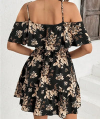 Elegante minivestido estampado con cuello halter para mujer, falda plisada con cintura lazada y manga corta con cuello en V, a la moda.