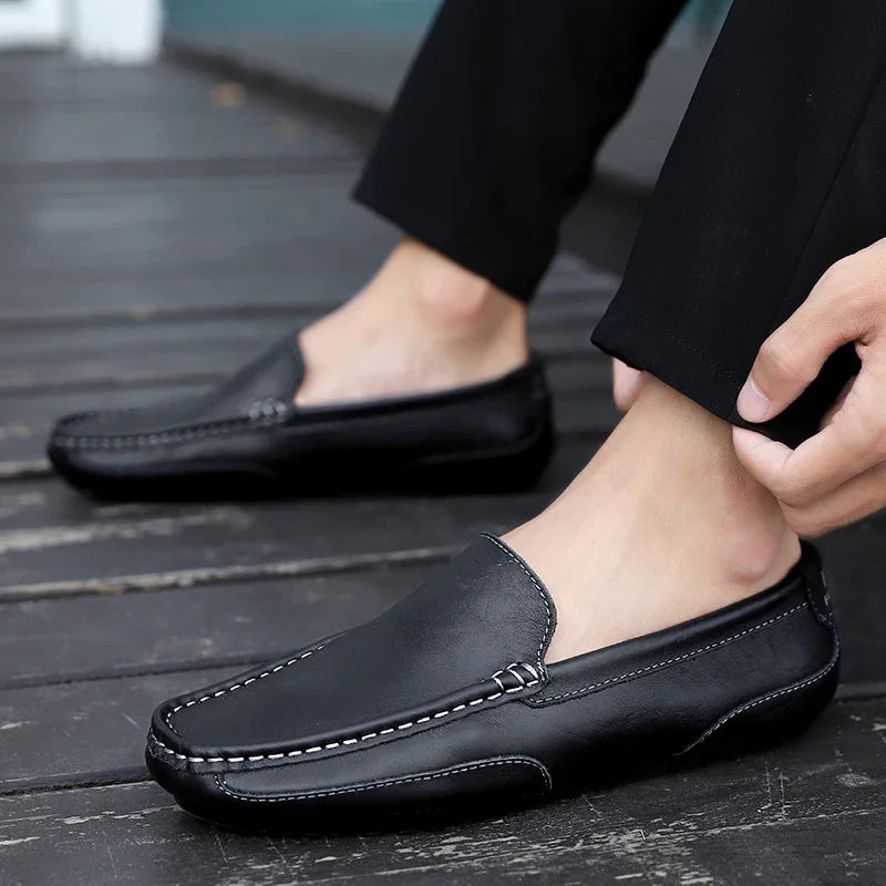 Mocasines informales transpirables de piel auténtica para hombre, zapatos de cuero sin cordones, formales, italianos, planos, para conducir