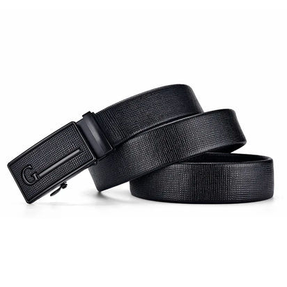 Men's Auto Buckle Business Belt - Textured PU Leather Strap, Metal Clasp Dress Belt Black (High Quality)