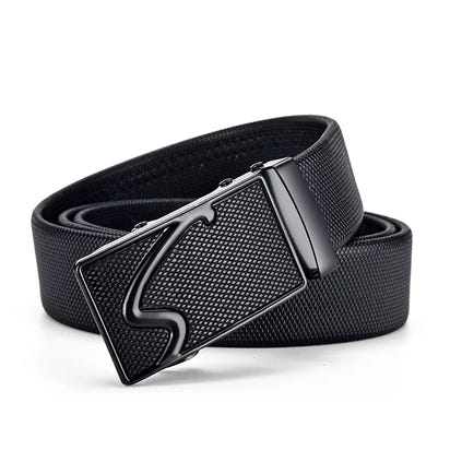 Men's Auto Buckle Business Belt - Textured PU Leather Strap, Metal Clasp Dress Belt Black (High Quality)