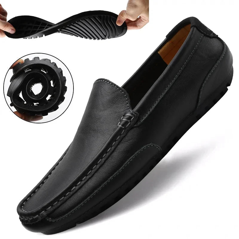 Mocasines informales transpirables de piel auténtica para hombre, zapatos de cuero sin cordones, formales, italianos, planos, para conducir
