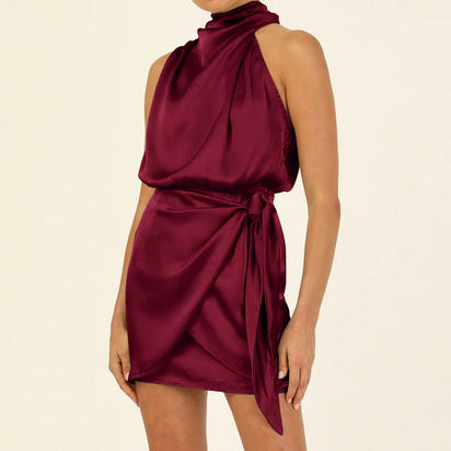 Vestido de fiesta de seda satinada negra para mujer, de verano, sin mangas, espalda descubierta, cuello alto, cintura anudada, ajustado, fruncido, para noche.