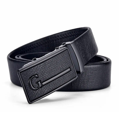 Men's Auto Buckle Business Belt - Textured PU Leather Strap, Metal Clasp Dress Belt Black (High Quality)