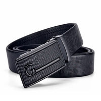 Men's Auto Buckle Business Belt - Textured PU Leather Strap, Metal Clasp Dress Belt Black (High Quality)